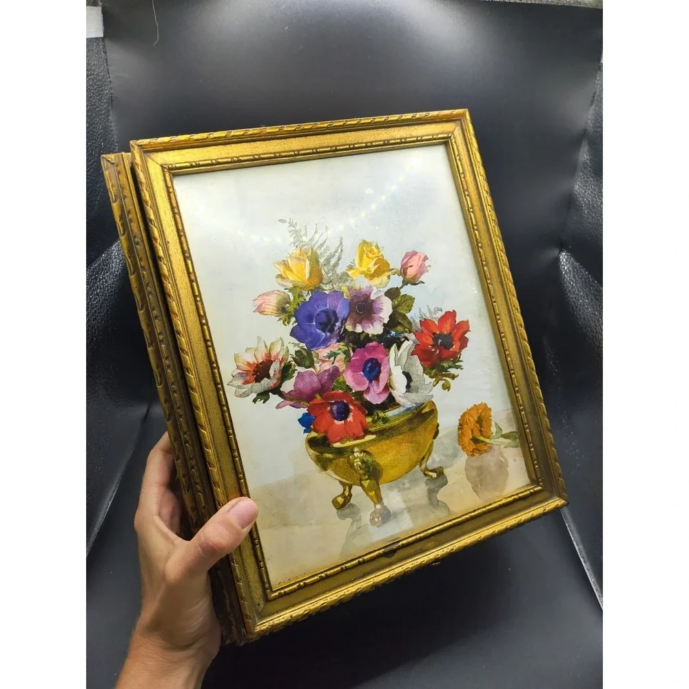 Vintage 1940s Gold Gilt Wooden Jewelry Box with Mirror & Floral Art SEE PHOTOS
